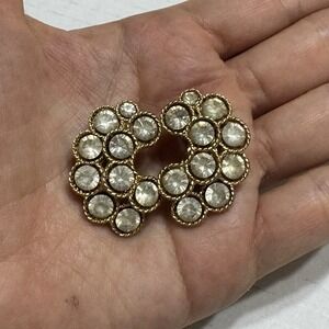 Vtg Lisner White Clear Rhinestone Crescent Clip On Earrings Statement Cluster